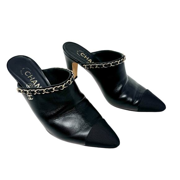 Chanel Black Leather Chain Mule Heels Interlocking CC Cap Toe Pointed EU 36.5 - Picture 1 of 8